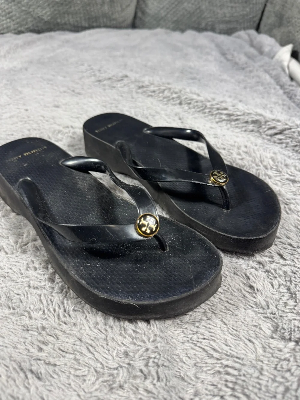 Tory Burch Flip Flop Sandals Women's Size 8 Black Logo Wedge Platform Thong